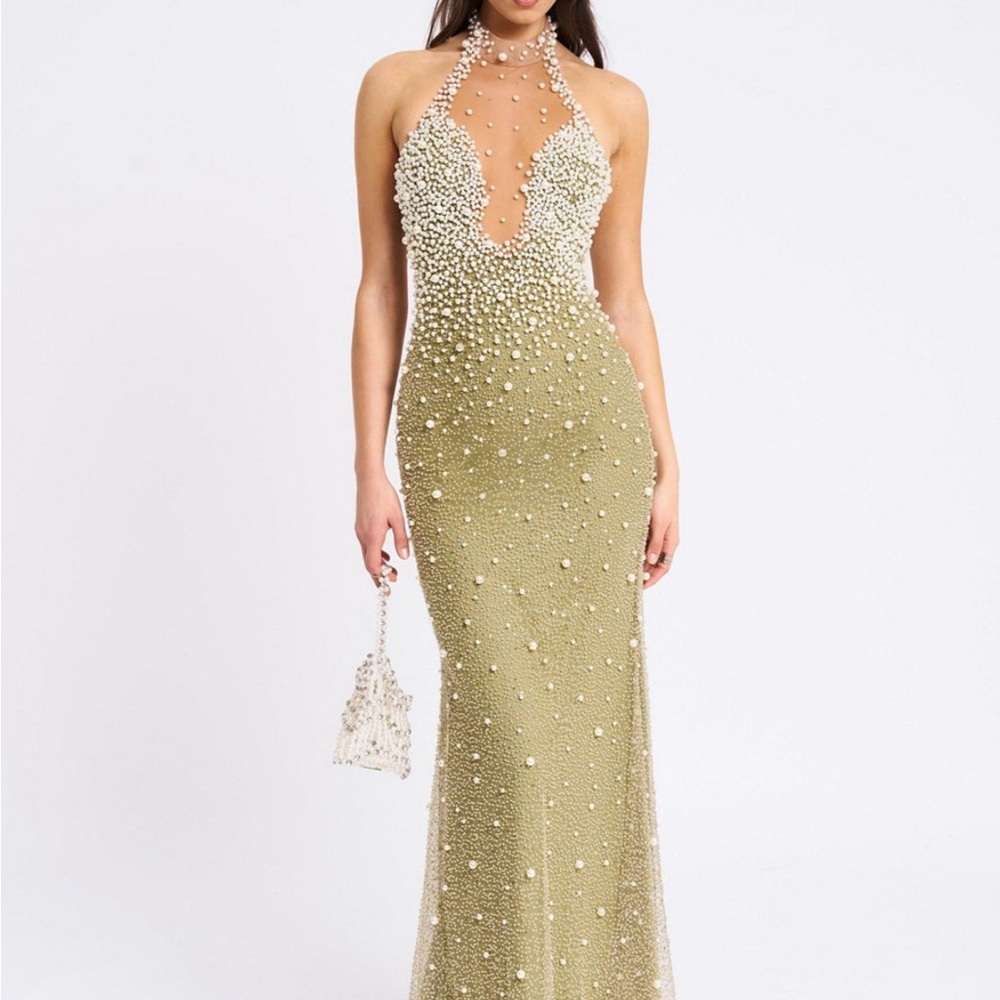 RED CARPET QUEENS!  Pearl-Embellished Halter Backless Evening Gown